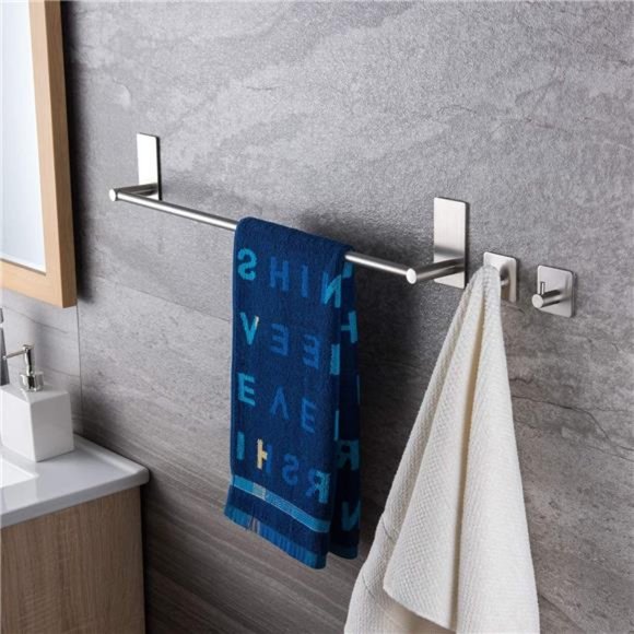 16-Inch Towel Bar - Self Adhesive Bathroom Towel Holder with 2 Packs Towel Hooks - Picture 3 of 6